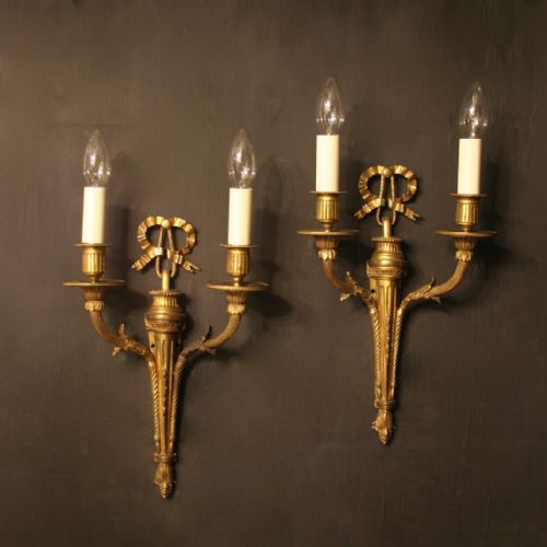 A French Pair of Gilded Cast Bronze Twin Arm Antique Wall Lights