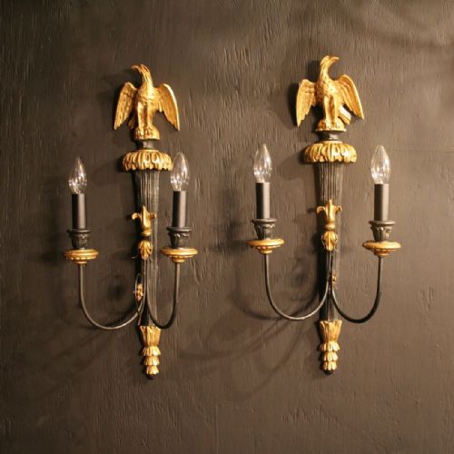 An Italian Pair of Giltwood & Toleware Eagle Wall Lights