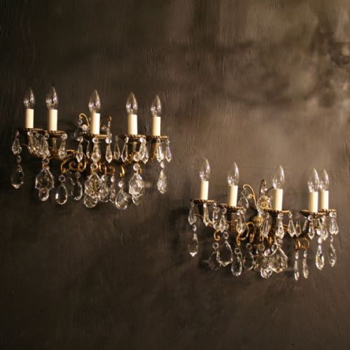 An Italian Pair of Gilded & Crystal Five Arm Antique Wall Lights