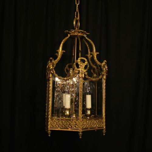 A Large Cast Brass French Triple Light Antique Lantern