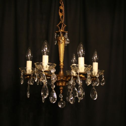 An Italian Gilded Cast Brass & Crystal 6 Light Antique Chandelier