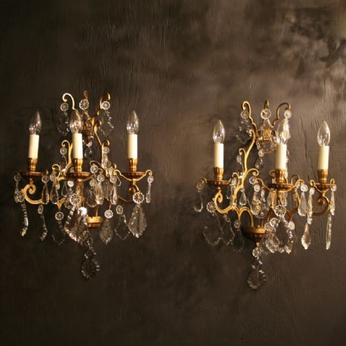 A French Pair of Large Gilded Triple Arm Antique Wall Lights