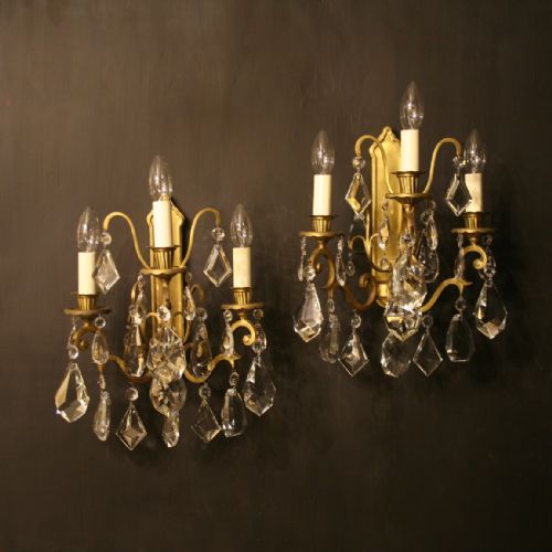 A French Pair of Gilded Triple Arm Antique Wall Lights
