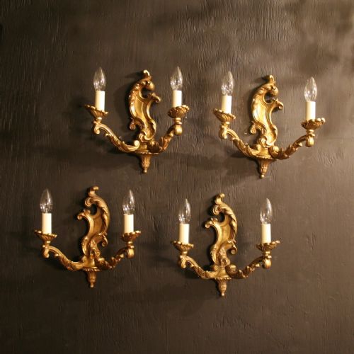 A French Set of 4 Gilded Bronze Twin Arm Antique Wall Lights