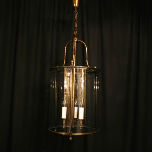 A Large French Cast Brass Three Light Antique Hall Lantern