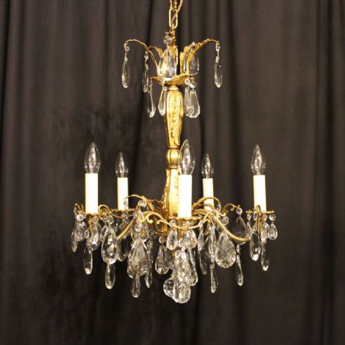 A French Gilt & Crystal 5 Light Antique Chandelier