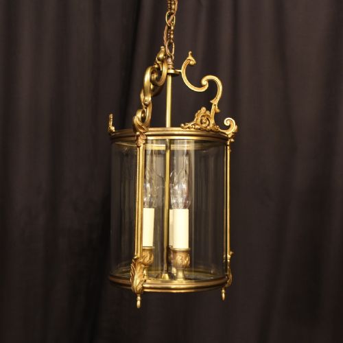 A French Gilded Triple Light Antique Hall Lantern