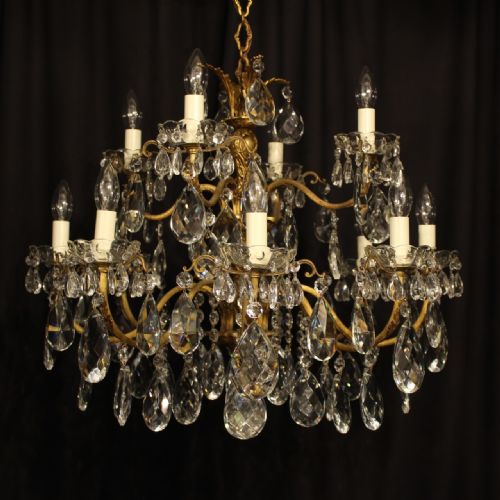 An Italian 12 Light Double Tiered Gilt & Crystal Antique Chandelier
