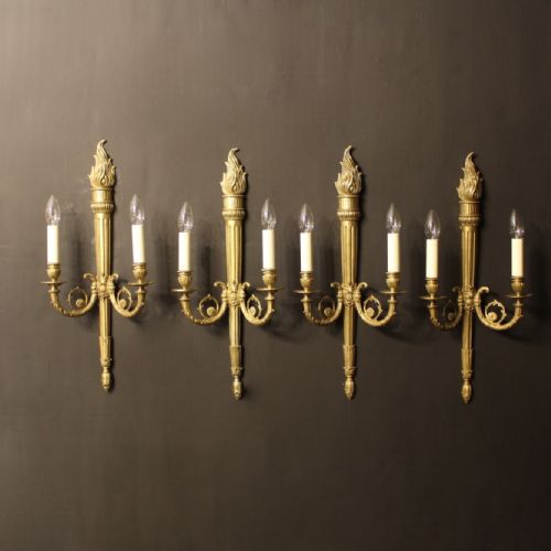 A French Set of 4 Large Cast Brass Twin Arm Wall Lights