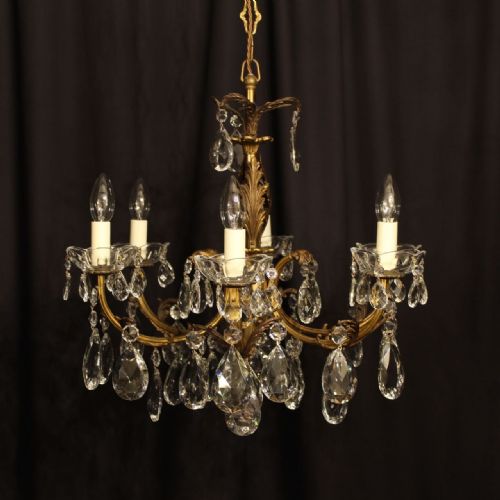 An Italian 6 Light Gilded & Crystal Antique Chandelier