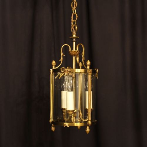 A French Gilded Triple Light Antique Hall Lantern