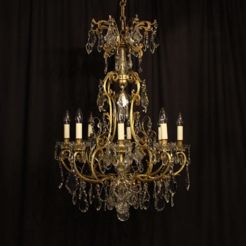 A French Gilded Bronze & Crystal 9 Light Antique Chandelier