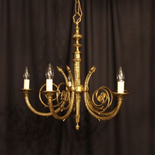 An French Ornate Gilded 5 Light Chandelier