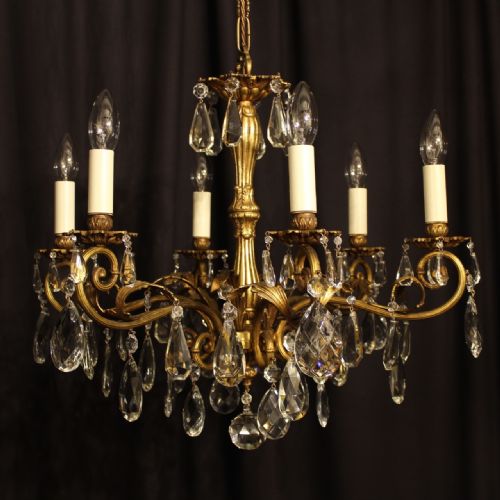 An Italian 6 Light Gilded Brass & Crystal Antique Chandelier