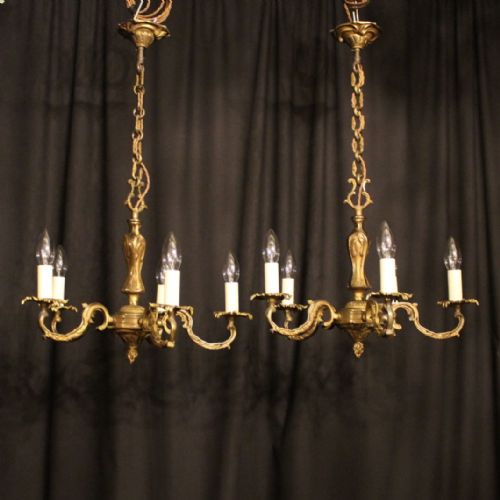 A French Pair of 5 Light Antique Chandeliers