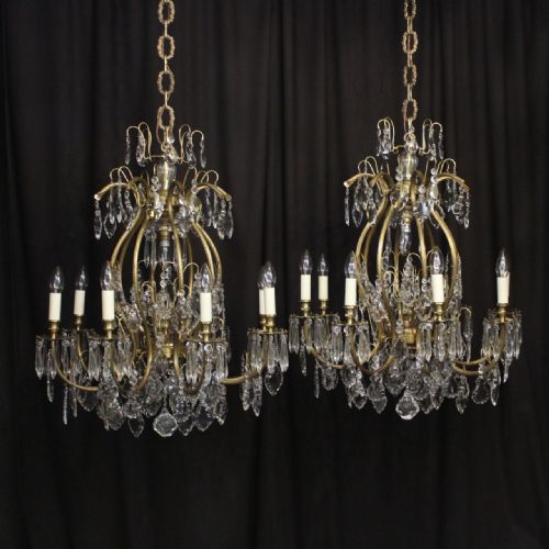 A French Pair of Gilded 13 Light Cage Form Chandeliers