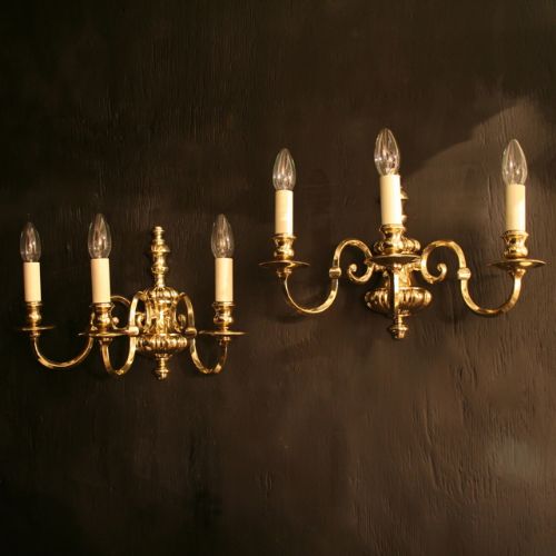 An English Pair of Brass Triple Arm Antique Wall Lights