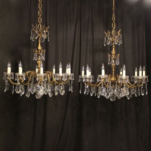 An Italian Pair of Gilt & Crystal 10 Light Antique Chandeliers