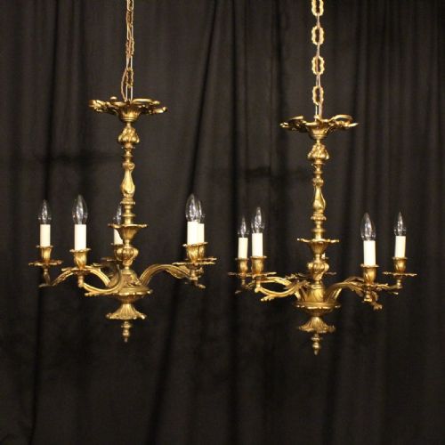 A French Pair of 5 Light Antique Chandeliers
