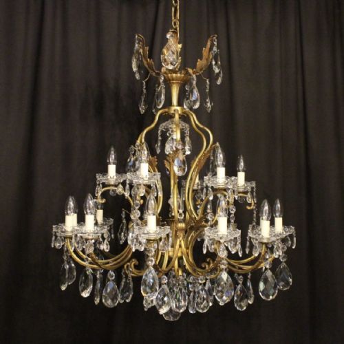 A Large Italian Gilded & Crystal 19 Light Antique Chandelier