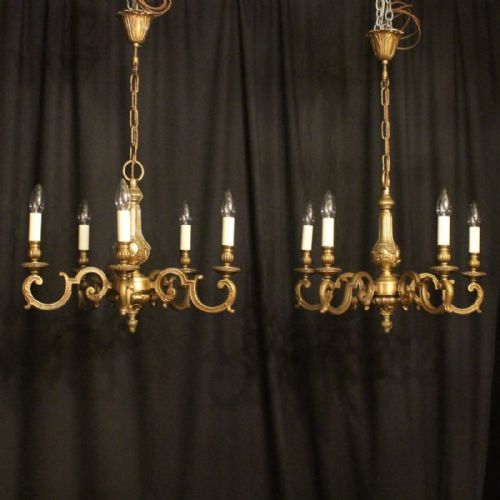 French Pair of Bronze 5 Light Chandeliers