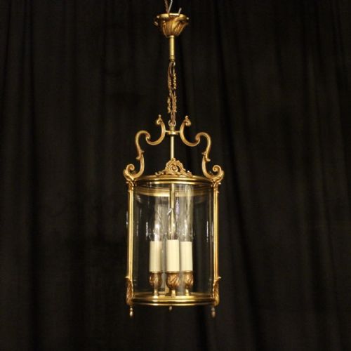 French Gilded Triple Light Antique Hall Lantern