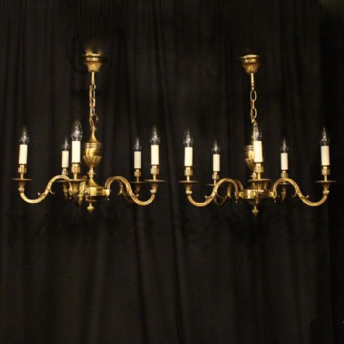 French Pair of Bronze 5 Light Chandeliers