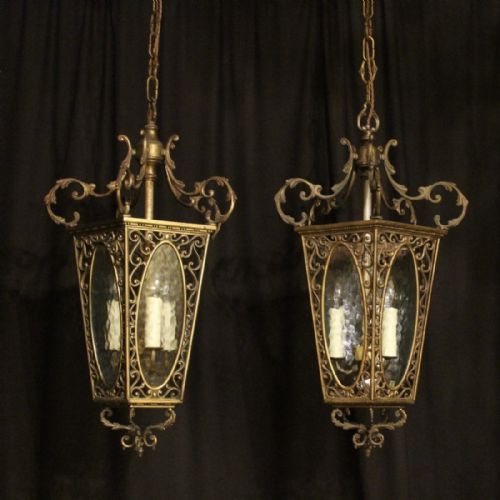 Italian Pair of Triple Light Antique Lanterns