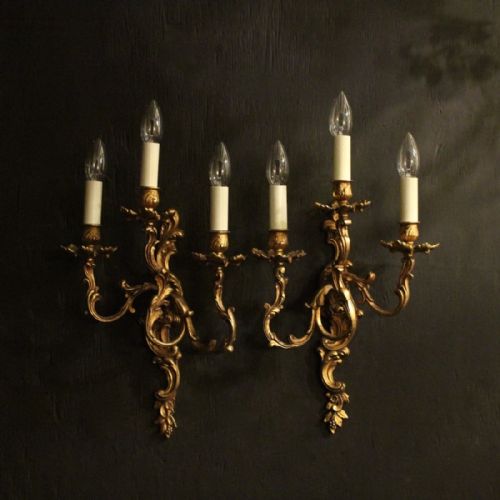 Italian Pair of Gilded Triple Arm Wall Lights