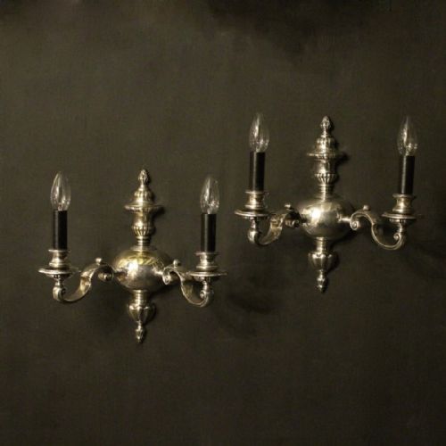 English Pair of Silver Plated Twin Arm Antique Wall Lights