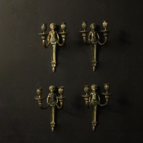 English Set of 4 Gilded Bronze Antique Cherub Sconces
