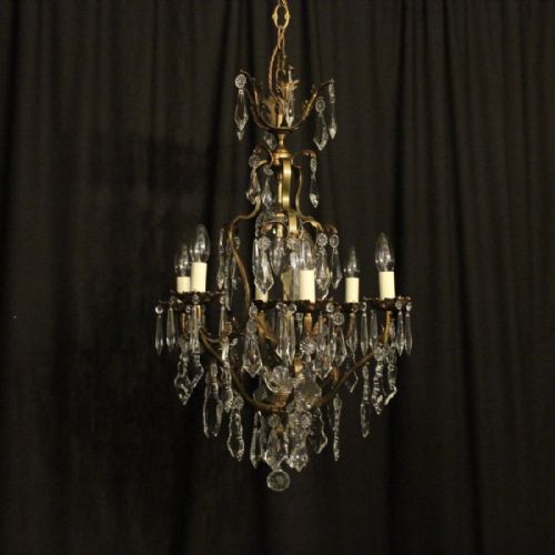 French Gilded & Crystal Birdcage 7 Light Antique Chandelier