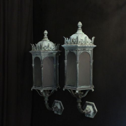 English Pair of Gothic Bronze Antique Wall Lanterns
