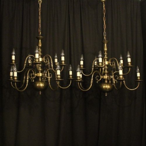 Flemish Pair of Brass 10 Light Chandeliers