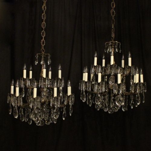 Italian Pair Gilded 15 Light Double Tiered Antique Chandeliers