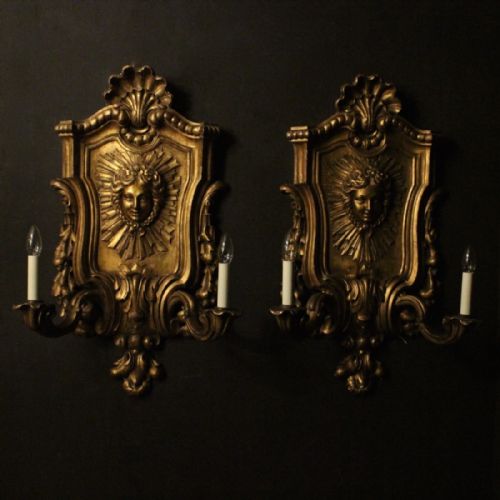 English Pair of Large Giltwood Twin Arm Antique Wall Lights