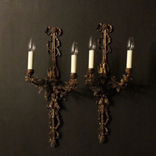 English Pair of Gilded Bronze Twin Arm Antique Wall Sconces