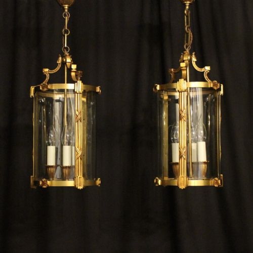 French Pair of Gilded Bronze Convex Antique Lanterns