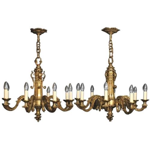 French Pair of Gilded Bronze 8 Light Antique Chandeliers
