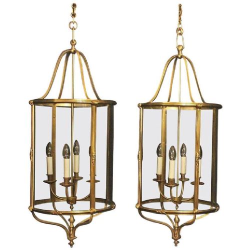 French Large Pair of Gilded Bronze Four Light Antique Lanterns