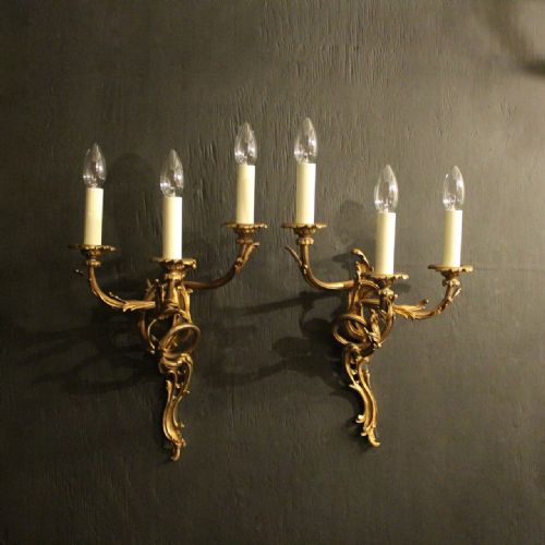 French Pair of Gilded Bronze Triple Arm Antique Wall Lights