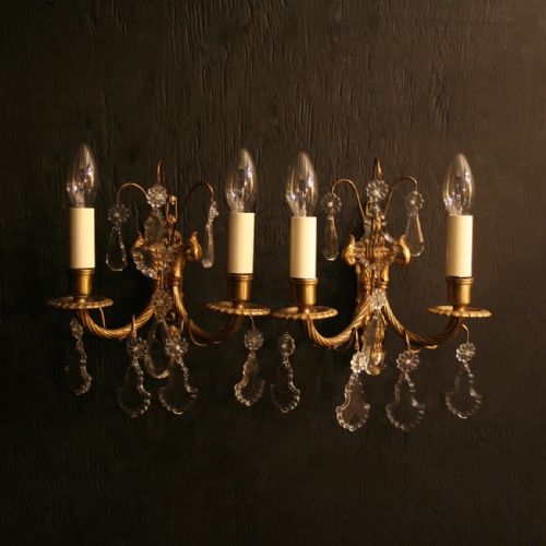 French Pair of Gilded & Crystal Antique Wall Lights