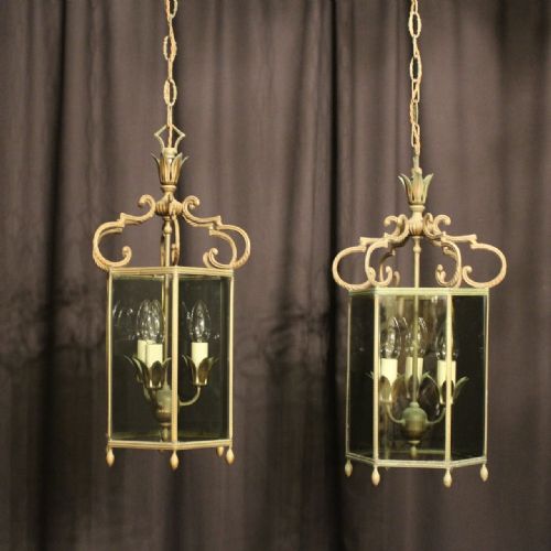French Pair of Triple Light Toleware Antique Lanterns