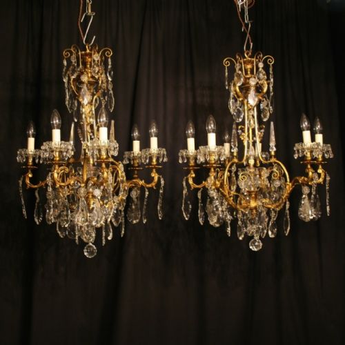 French Pair of Gilded Bronze & Crystal Antique Chandeliers