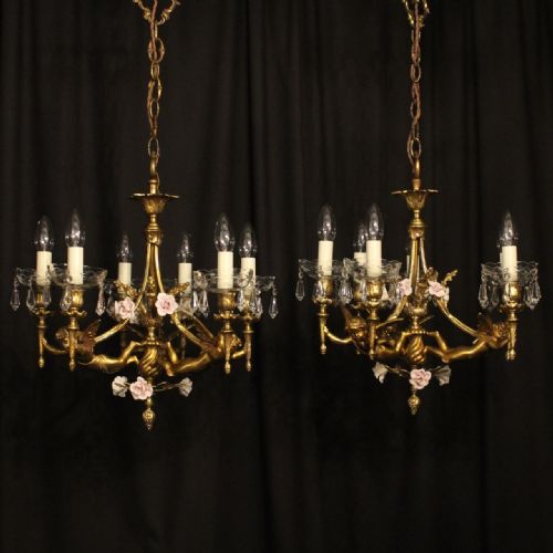 French Pair of Gilded Bronze Cherub Antique Chandeliers