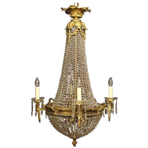 French Gilded Bronze & Crystal 10 Light Antique Chandelier