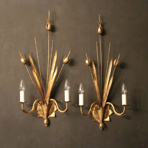 French Pair of Gilded Twin Arm Floral Wall Lights