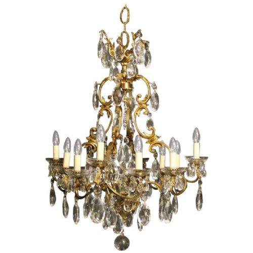 French Gilded Bronze & Crystal 12 Light Chandelier