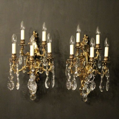 Italian Pair of Gilded Bronze 5 Arm Antique Wall Lights