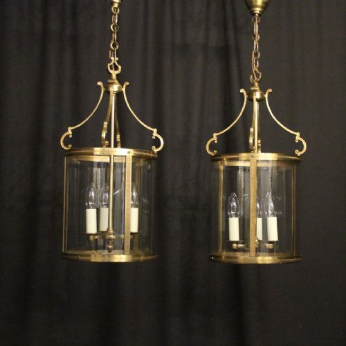 French Pair of Triple Light Gilded Convex Antique Lanterns